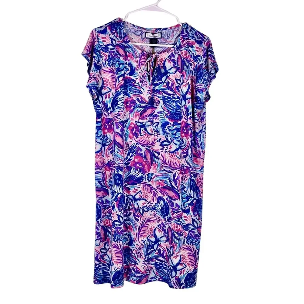 NWT Stella Parker Island Resort Pink & Blue Floral Midi Dress Size Large 1266
